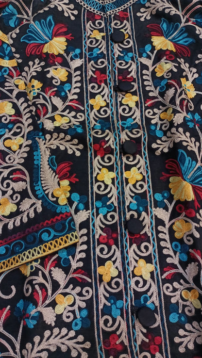 Artisan-Crafted Kashmiri Aari Embroidered Jacket - black Floral Statement Coat