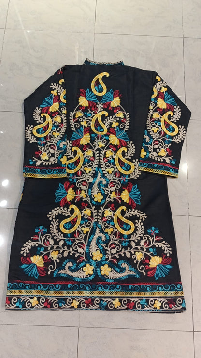Artisan-Crafted Kashmiri Aari Embroidered Jacket - black Floral Statement Coat