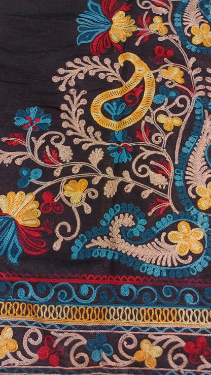 Artisan-Crafted Kashmiri Aari Embroidered Jacket - black Floral Statement Coat