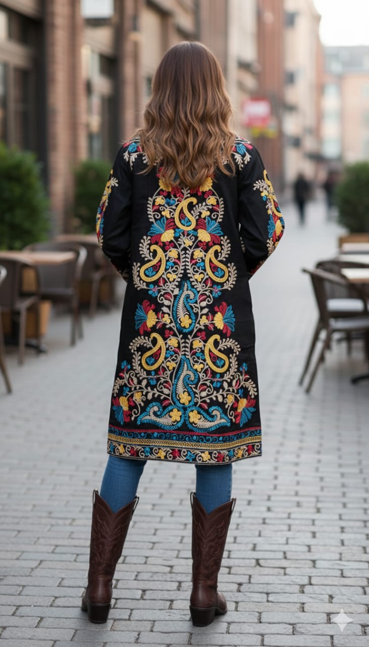 Artisan-Crafted Kashmiri Aari Embroidered Jacket - black Floral Statement Coat