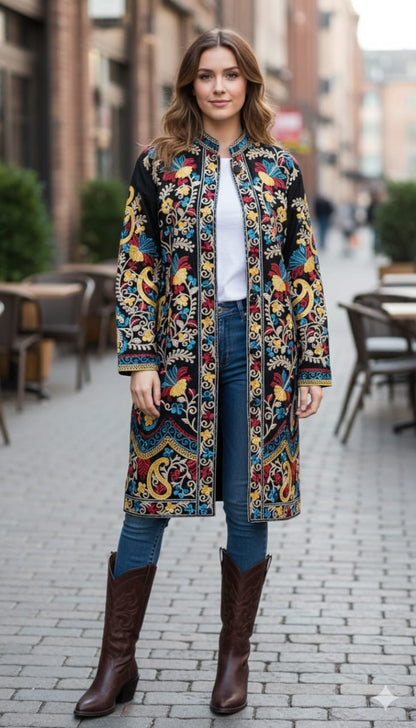 Artisan-Crafted Kashmiri Aari Embroidered Jacket - black Floral Statement Coat