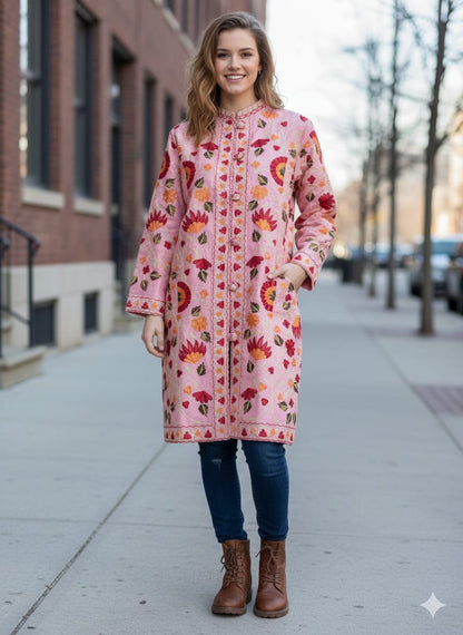 Artisan-Crafted Kashmiri Aari Embroidered Jacket - pink and multi embroidery Statement Coat
