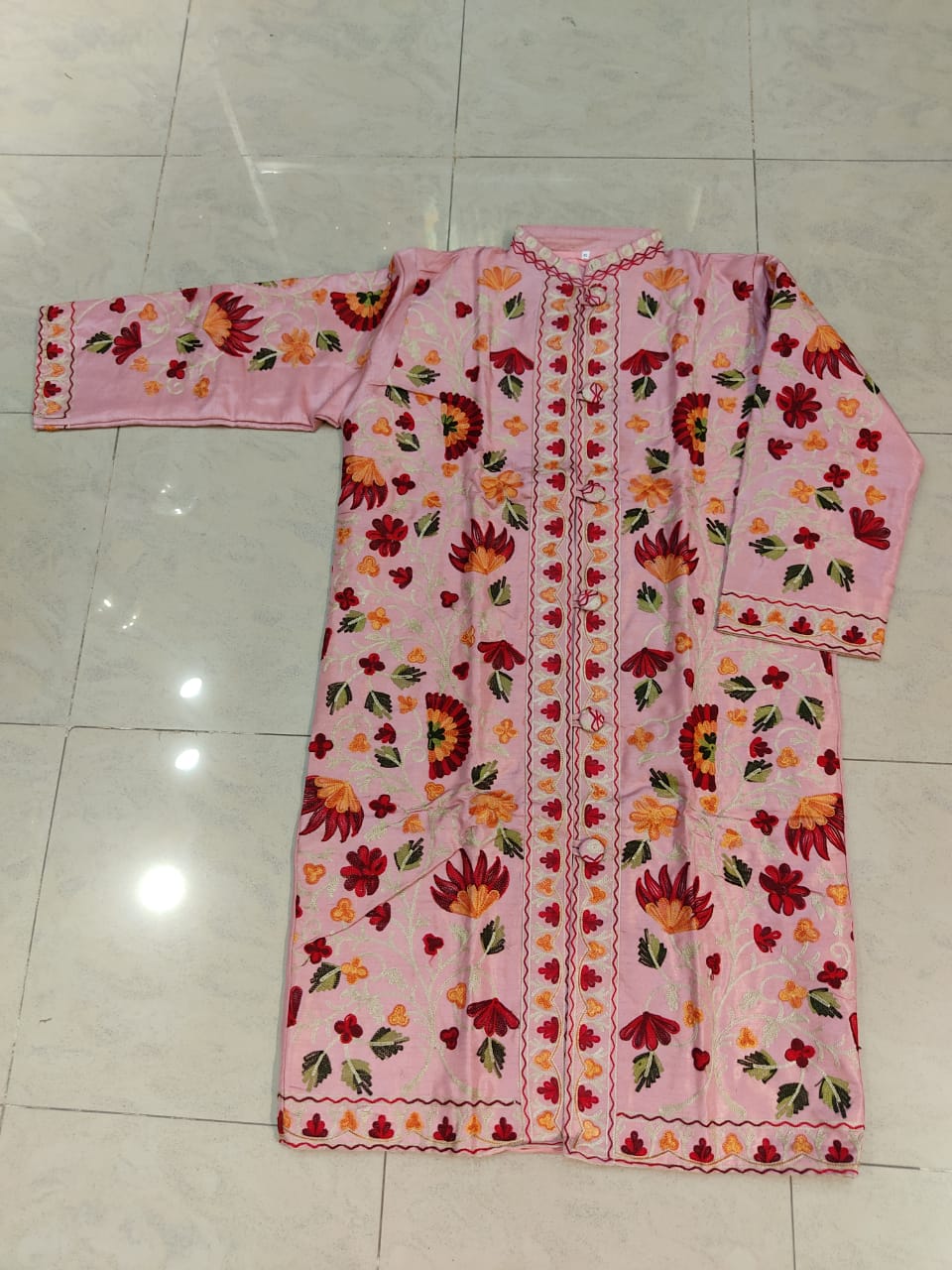 Artisan-Crafted Kashmiri Aari Embroidered Jacket - pink and multi embroidery Statement Coat