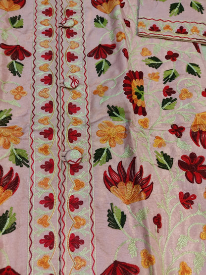 Artisan-Crafted Kashmiri Aari Embroidered Jacket - pink and multi embroidery Statement Coat