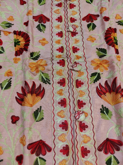 Artisan-Crafted Kashmiri Aari Embroidered Jacket - pink and multi embroidery Statement Coat