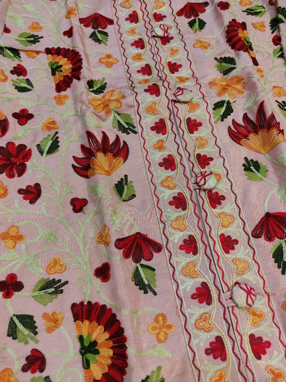 Artisan-Crafted Kashmiri Aari Embroidered Jacket - pink and multi embroidery Statement Coat