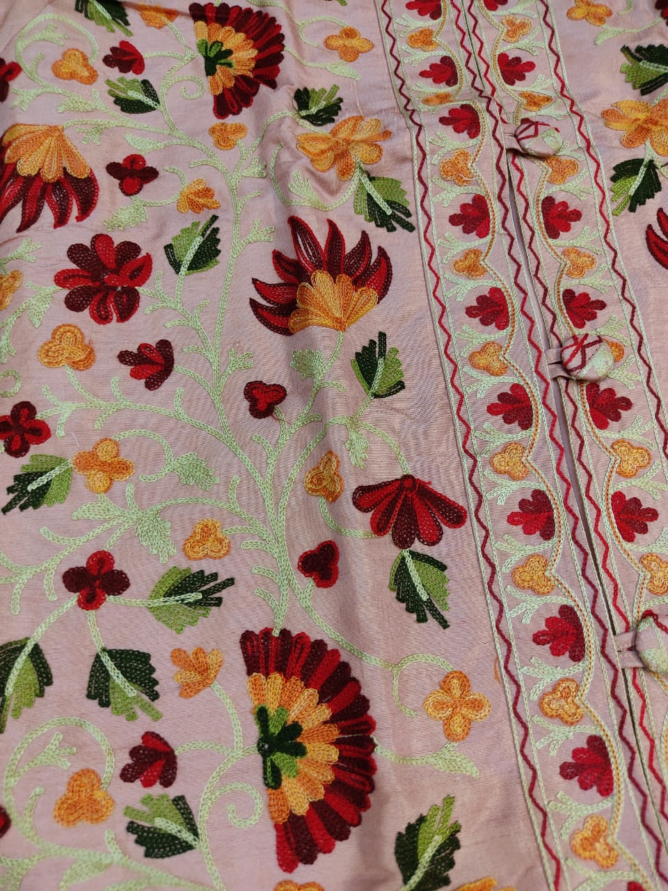 Artisan-Crafted Kashmiri Aari Embroidered Jacket - pink and multi embroidery Statement Coat