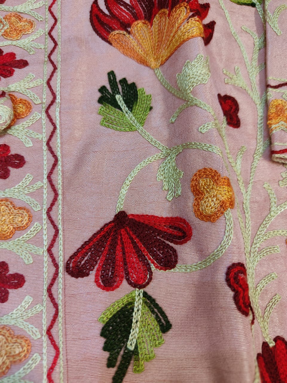 Artisan-Crafted Kashmiri Aari Embroidered Jacket - pink and multi embroidery Statement Coat