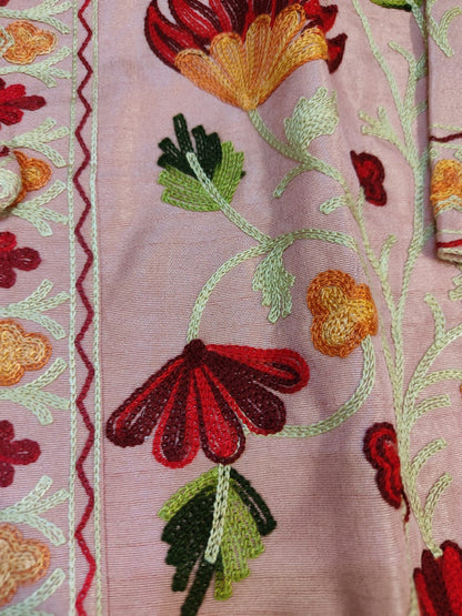 Artisan-Crafted Kashmiri Aari Embroidered Jacket - pink and multi embroidery Statement Coat