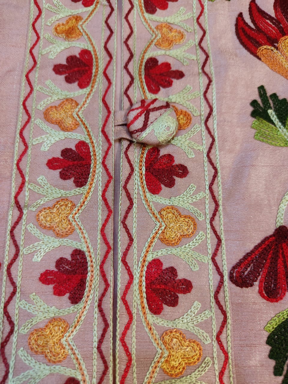 Artisan-Crafted Kashmiri Aari Embroidered Jacket - pink and multi embroidery Statement Coat