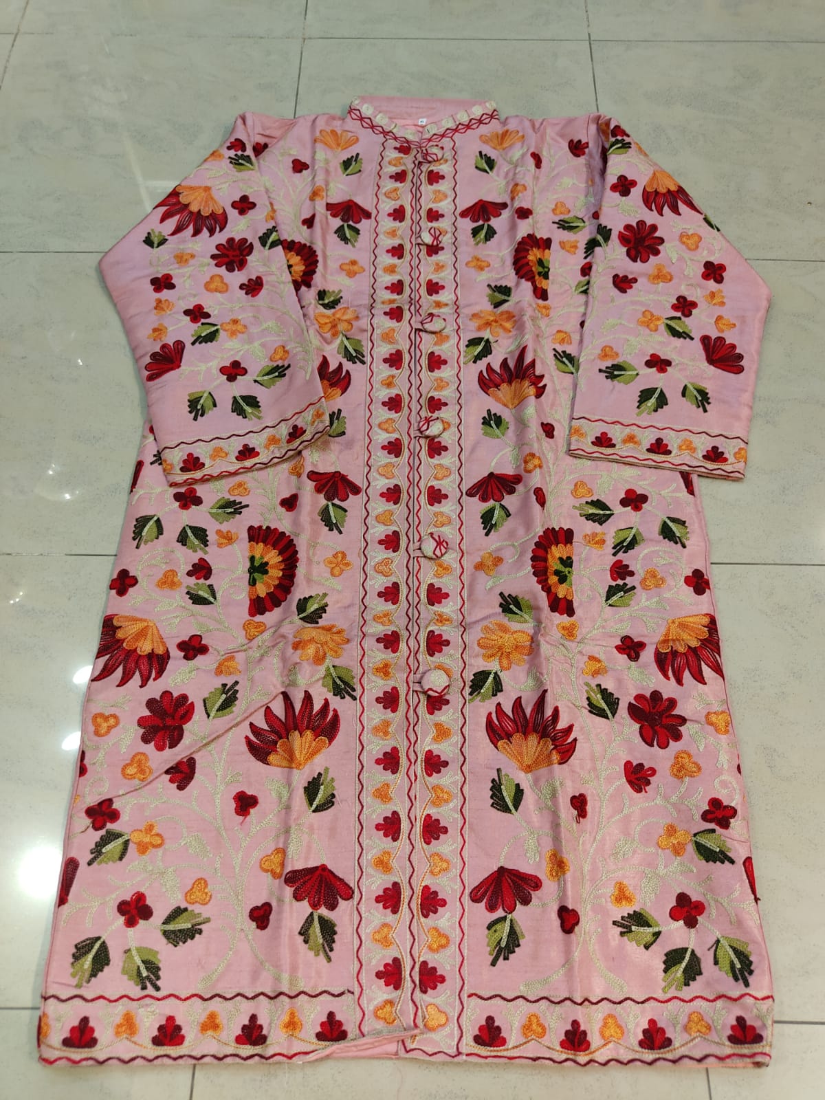 Artisan-Crafted Kashmiri Aari Embroidered Jacket - pink and multi embroidery Statement Coat