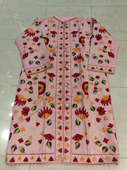 Artisan-Crafted Kashmiri Aari Embroidered Jacket - pink and multi embroidery Statement Coat