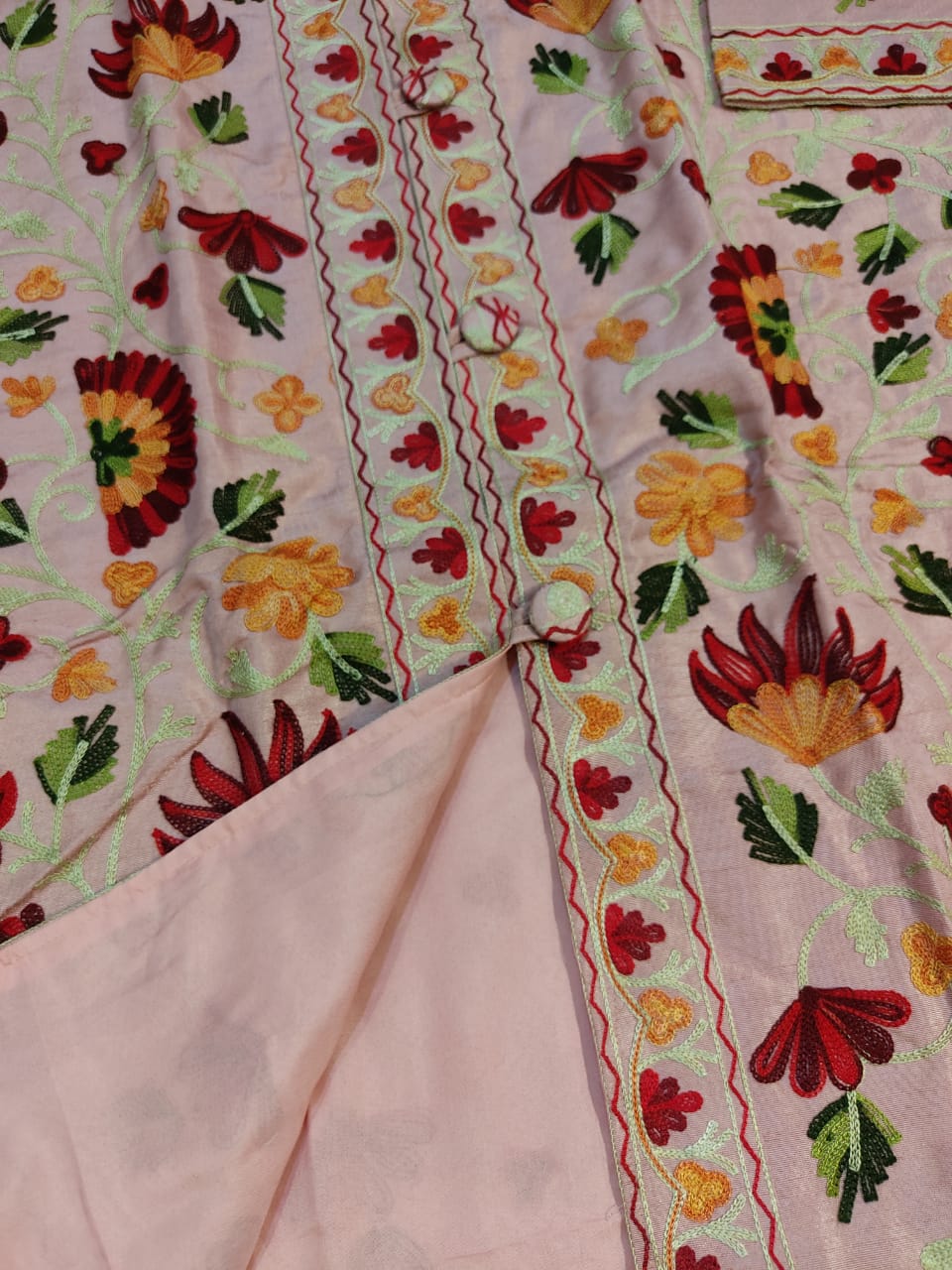 Artisan-Crafted Kashmiri Aari Embroidered Jacket - pink and multi embroidery Statement Coat