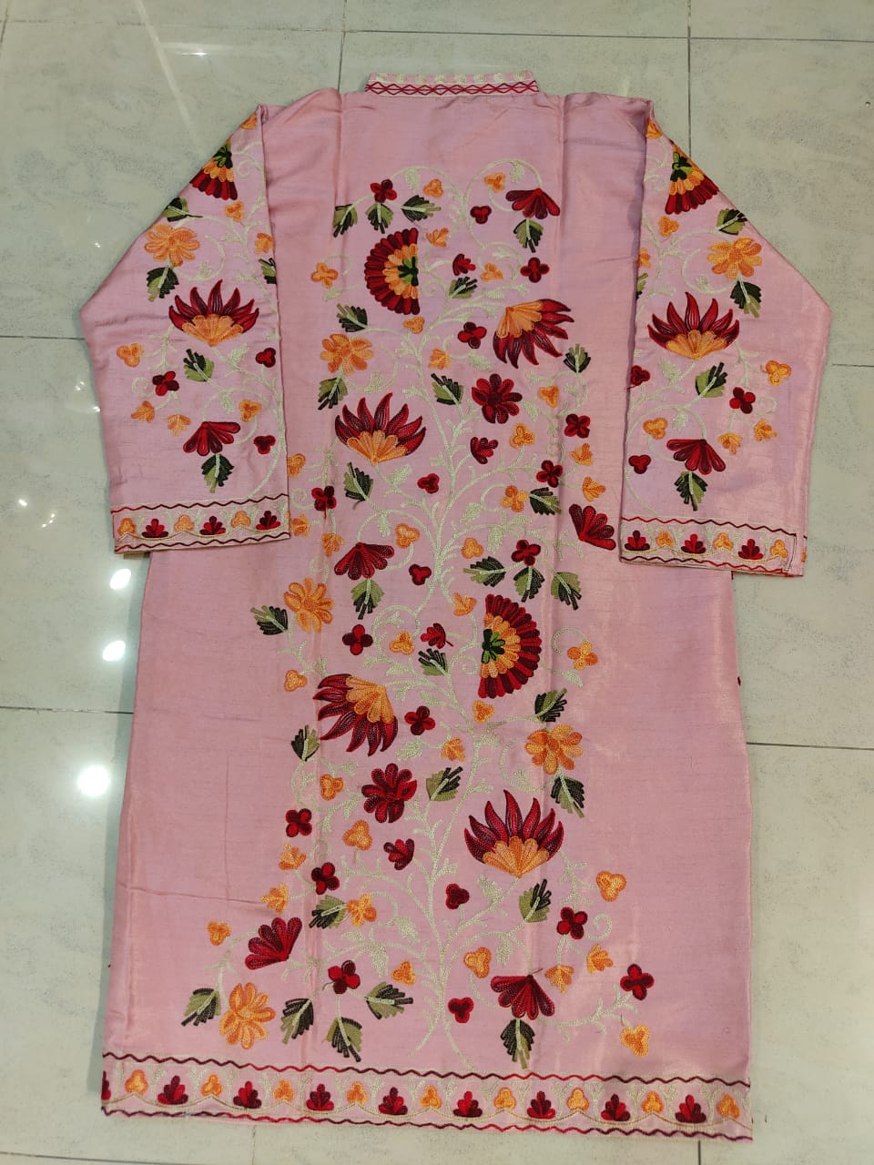 Artisan-Crafted Kashmiri Aari Embroidered Jacket - pink and multi embroidery Statement Coat