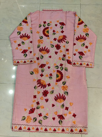 Artisan-Crafted Kashmiri Aari Embroidered Jacket - pink and multi embroidery Statement Coat