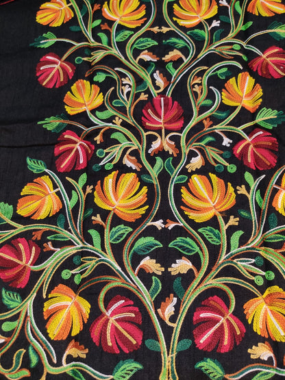 Artisan-Crafted Kashmiri Aari Embroidered Jacket - black Floral Statement Coat
