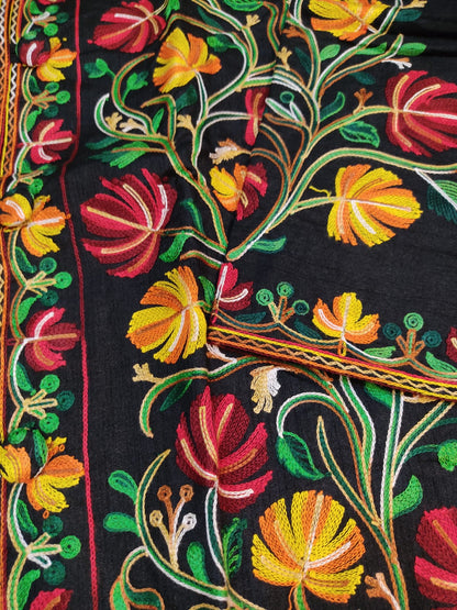 Artisan-Crafted Kashmiri Aari Embroidered Jacket - black Floral Statement Coat