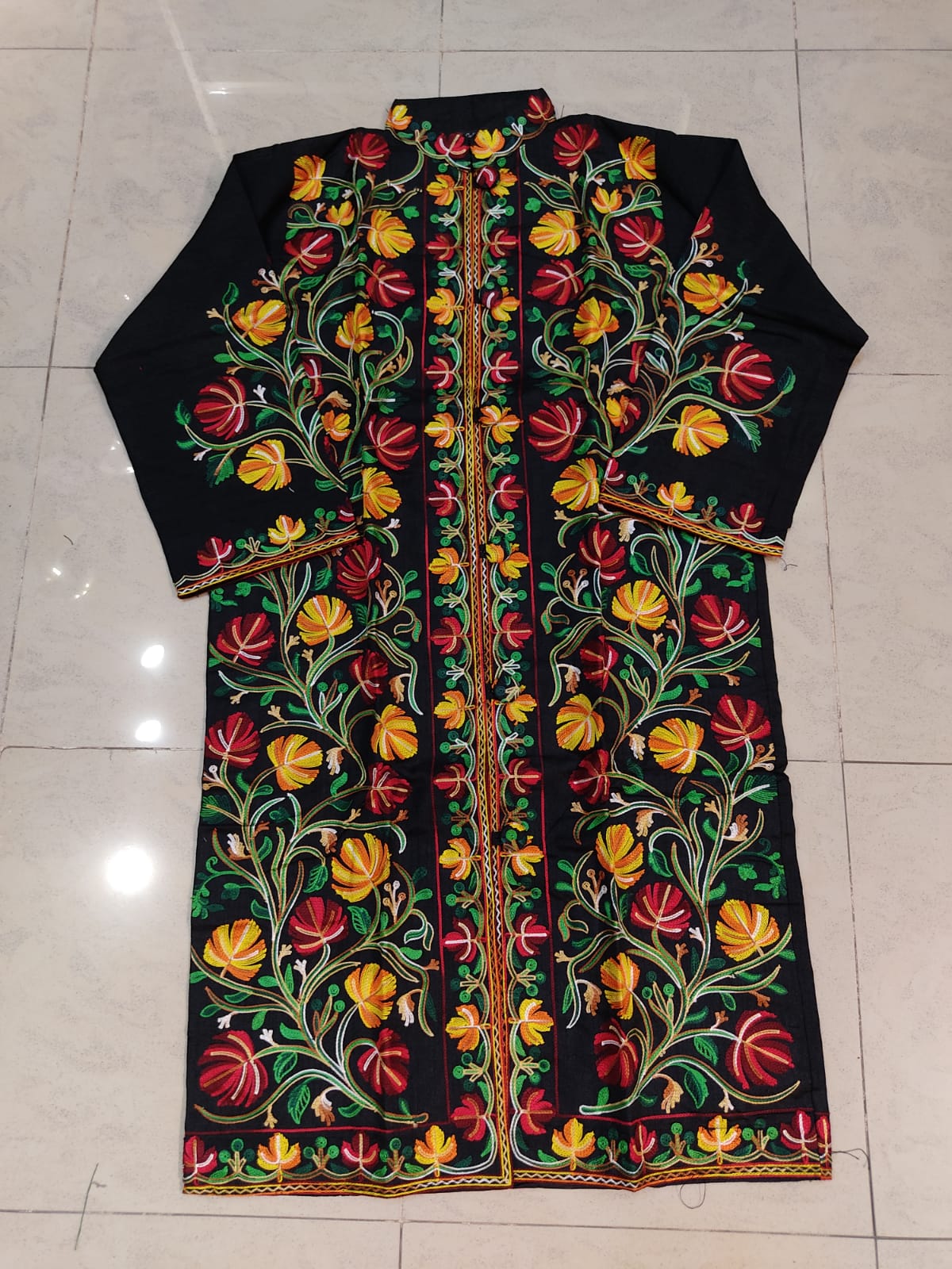 Artisan-Crafted Kashmiri Aari Embroidered Jacket - black Floral Statement Coat