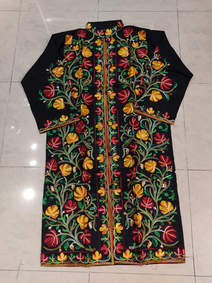 Artisan-Crafted Kashmiri Aari Embroidered Jacket - black Floral Statement Coat