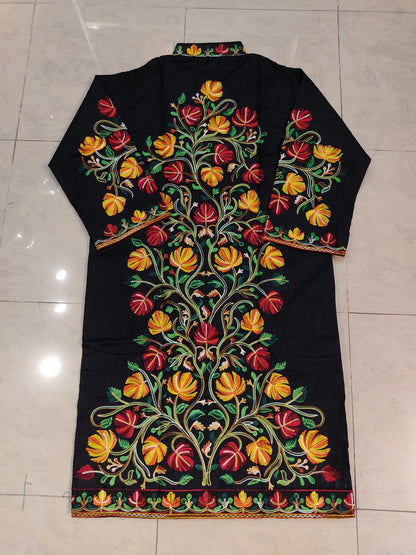 Artisan-Crafted Kashmiri Aari Embroidered Jacket - black Floral Statement Coat