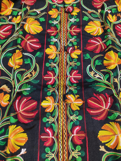 Artisan-Crafted Kashmiri Aari Embroidered Jacket - black Floral Statement Coat