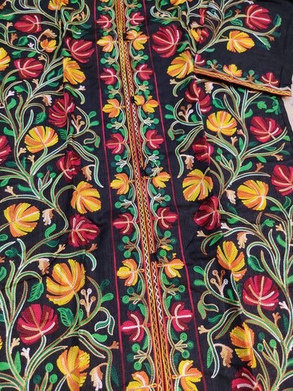 Artisan-Crafted Kashmiri Aari Embroidered Jacket - black Floral Statement Coat