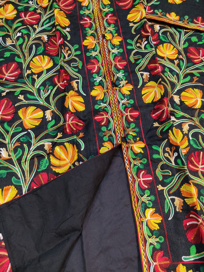 Artisan-Crafted Kashmiri Aari Embroidered Jacket - black Floral Statement Coat