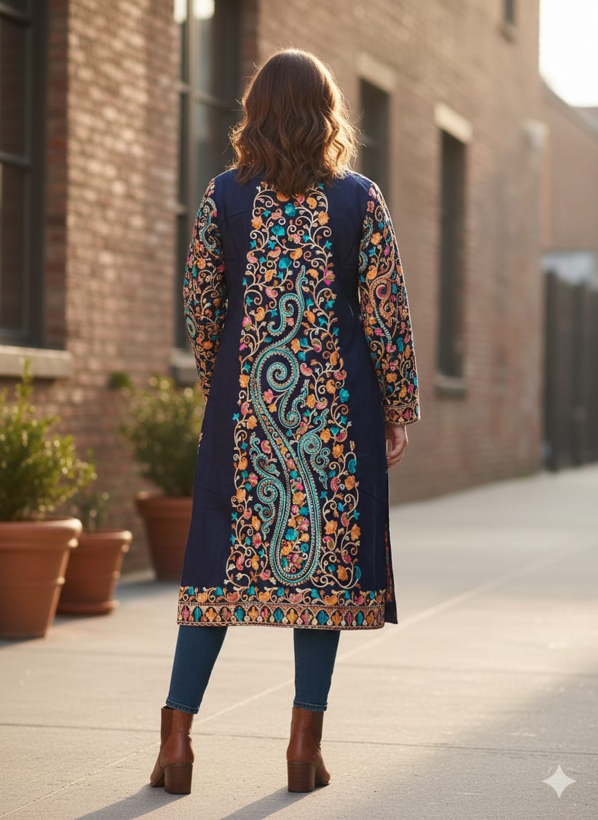 Artisan-Crafted Kashmiri Aari Embroidered Jacket - blue Floral Statement Coat