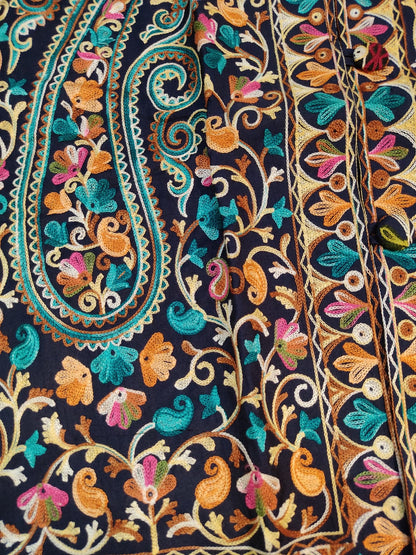 Artisan-Crafted Kashmiri Aari Embroidered Jacket - blue Floral Statement Coat