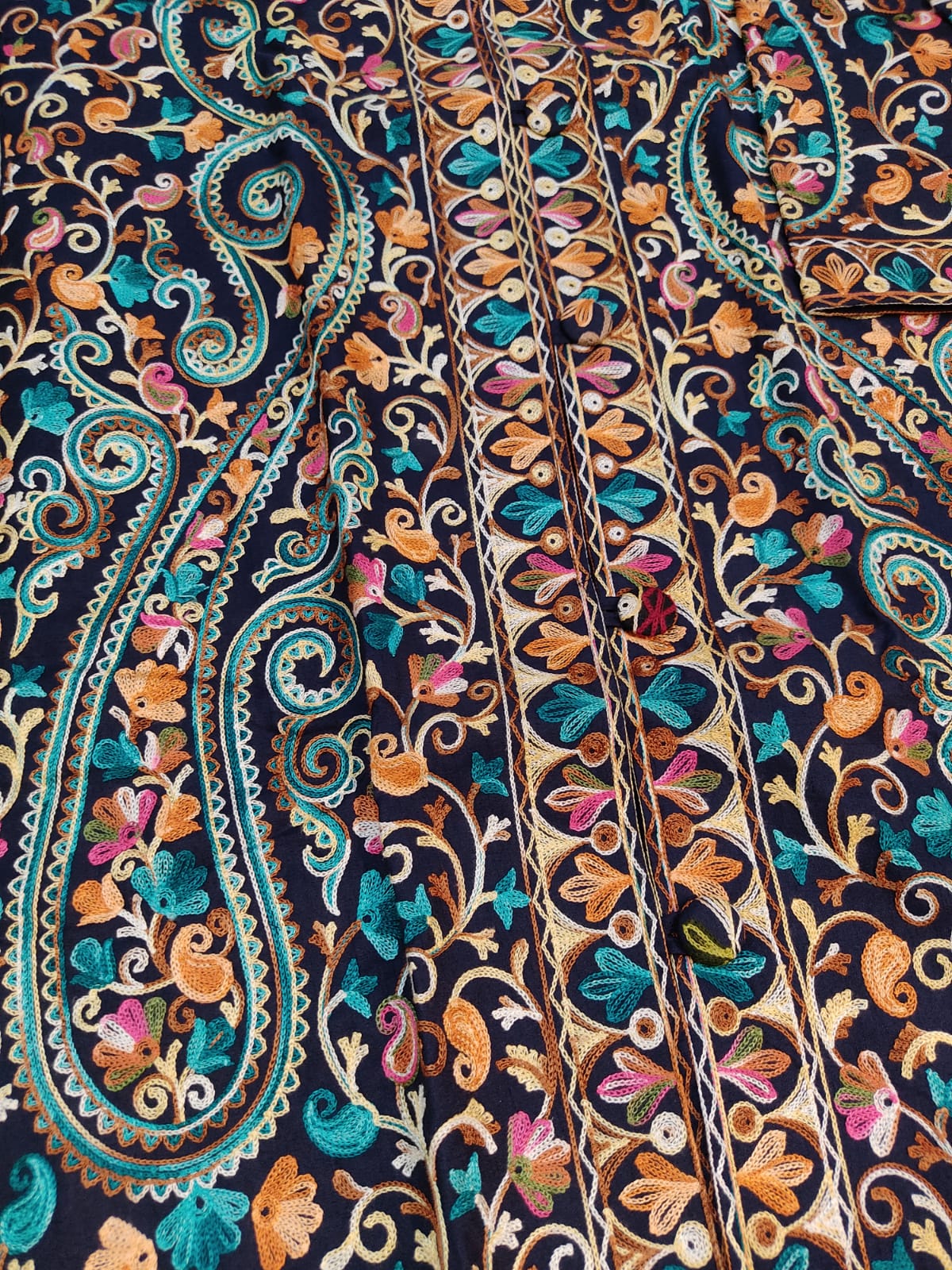 Artisan-Crafted Kashmiri Aari Embroidered Jacket - blue Floral Statement Coat