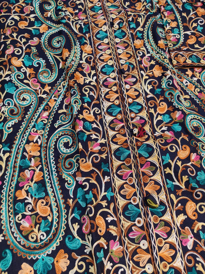 Artisan-Crafted Kashmiri Aari Embroidered Jacket - blue Floral Statement Coat