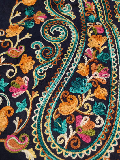 Artisan-Crafted Kashmiri Aari Embroidered Jacket - blue Floral Statement Coat