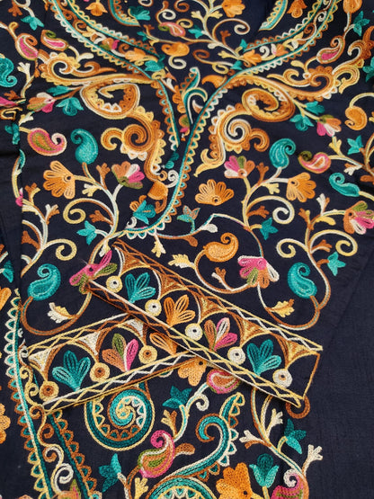 Artisan-Crafted Kashmiri Aari Embroidered Jacket - blue Floral Statement Coat