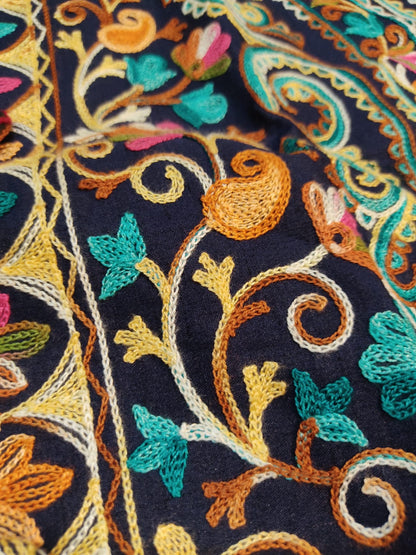 Artisan-Crafted Kashmiri Aari Embroidered Jacket - blue Floral Statement Coat