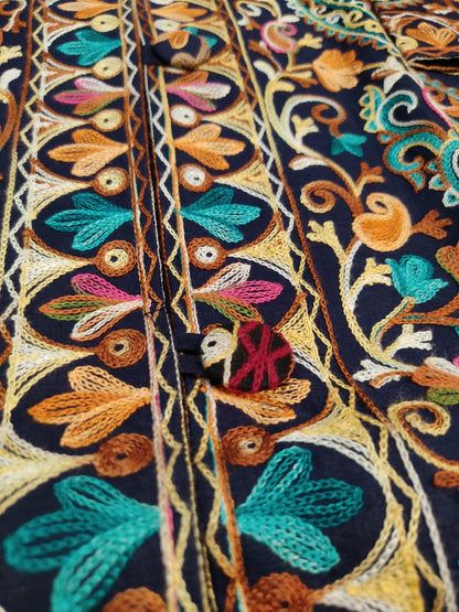 Artisan-Crafted Kashmiri Aari Embroidered Jacket - blue Floral Statement Coat