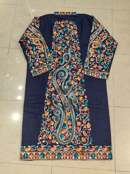 Artisan-Crafted Kashmiri Aari Embroidered Jacket - blue Floral Statement Coat