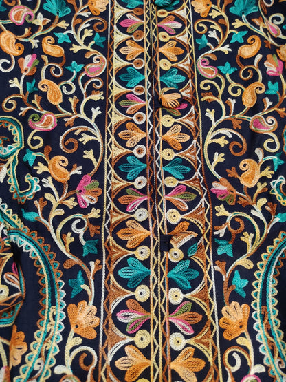 Artisan-Crafted Kashmiri Aari Embroidered Jacket - blue Floral Statement Coat