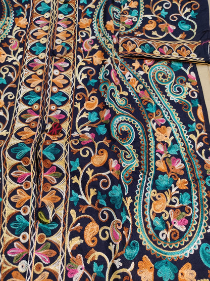 Artisan-Crafted Kashmiri Aari Embroidered Jacket - blue Floral Statement Coat