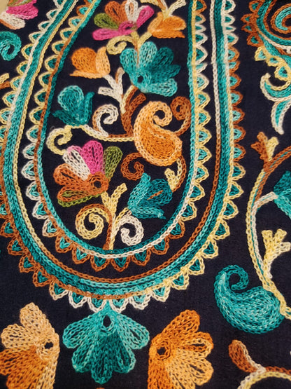 Artisan-Crafted Kashmiri Aari Embroidered Jacket - blue Floral Statement Coat