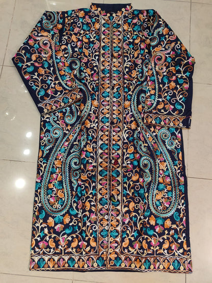 Artisan-Crafted Kashmiri Aari Embroidered Jacket - blue Floral Statement Coat