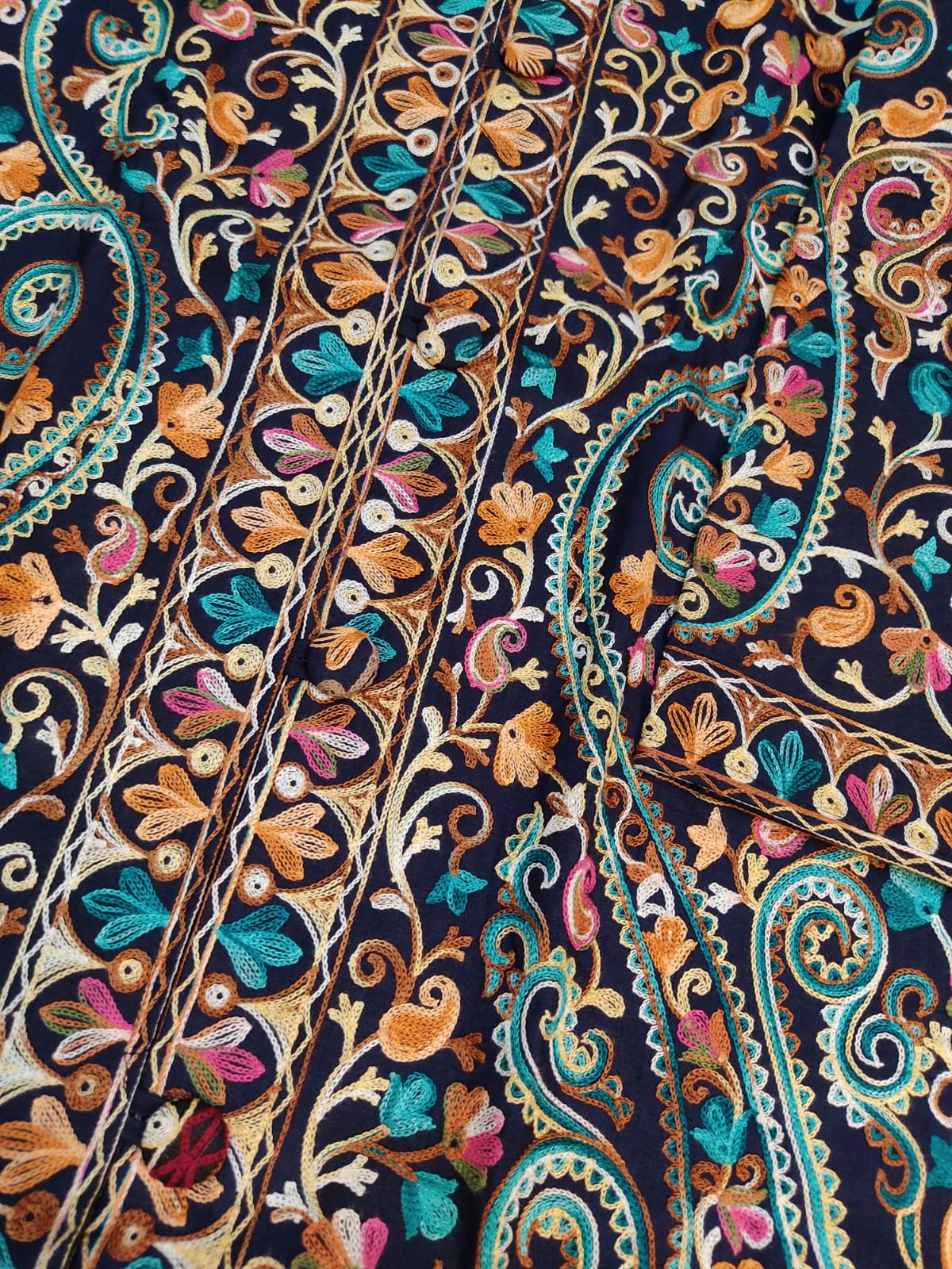 Artisan-Crafted Kashmiri Aari Embroidered Jacket - blue Floral Statement Coat