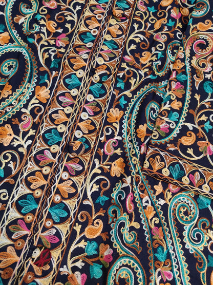 Artisan-Crafted Kashmiri Aari Embroidered Jacket - blue Floral Statement Coat