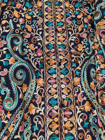 Artisan-Crafted Kashmiri Aari Embroidered Jacket - blue Floral Statement Coat