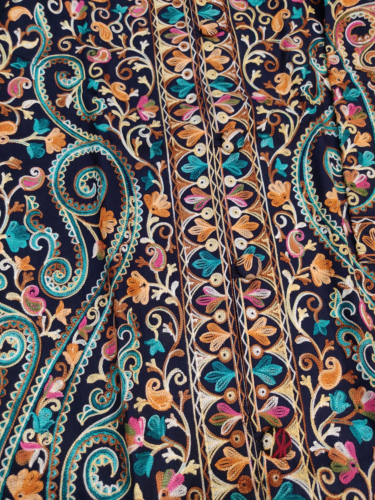 Artisan-Crafted Kashmiri Aari Embroidered Jacket - blue Floral Statement Coat