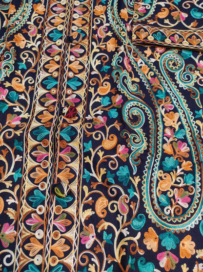 Artisan-Crafted Kashmiri Aari Embroidered Jacket - blue Floral Statement Coat