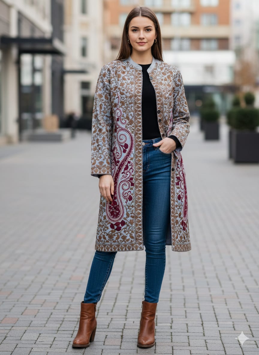 Artisan-Crafted Kashmiri Aari Embroidered Jacket - grey and maroon Statement Coat