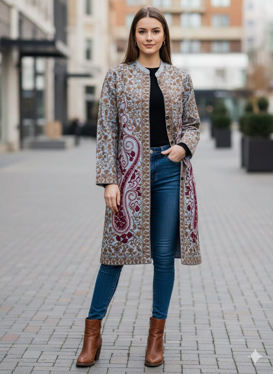 Artisan-Crafted Kashmiri Aari Embroidered Jacket - grey and maroon Statement Coat