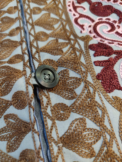 Artisan-Crafted Kashmiri Aari Embroidered Jacket - grey and maroon Statement Coat