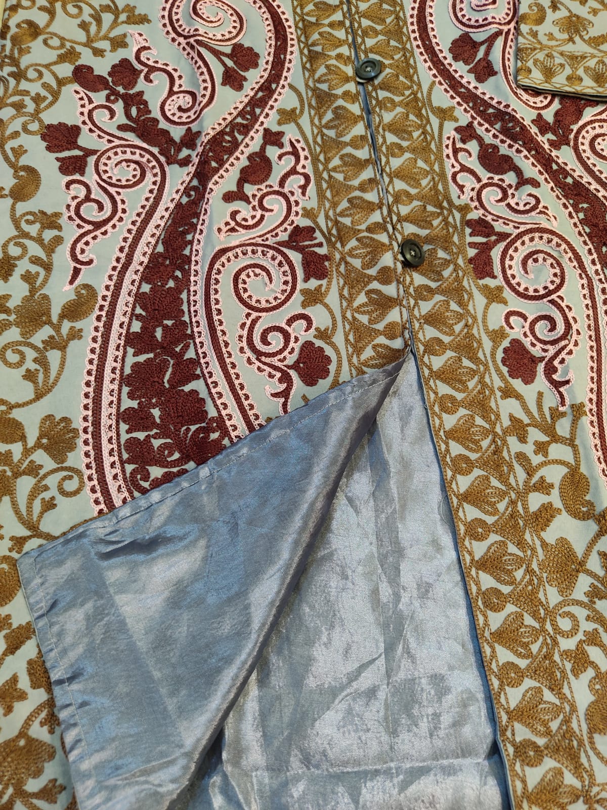 Artisan-Crafted Kashmiri Aari Embroidered Jacket - grey and maroon Statement Coat