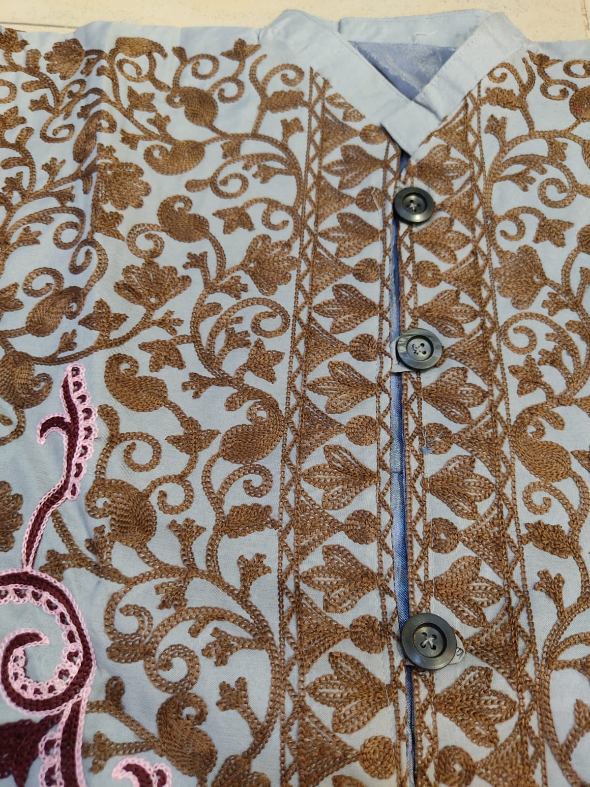 Artisan-Crafted Kashmiri Aari Embroidered Jacket - grey and maroon Statement Coat